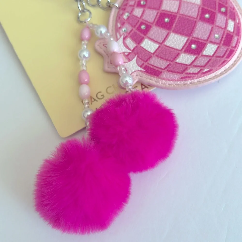 Pink Disco Baby pop art Handbag Charm/Keychain with furry Pom Poms